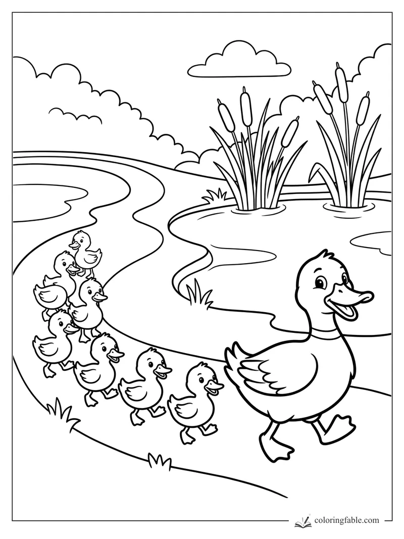 Cartoon mother duck leading seven ducklings beside a winding pond with cattails and clouds