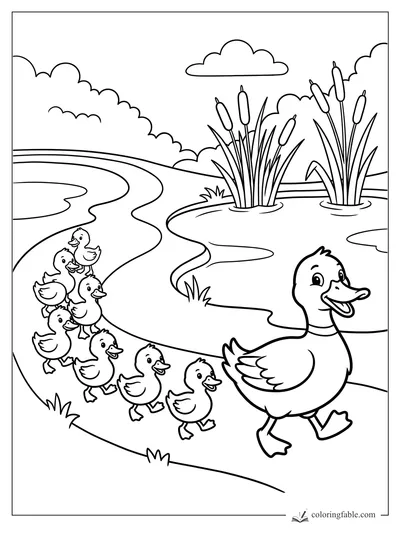 Cartoon mother duck leading seven ducklings beside a winding pond with cattails and clouds
