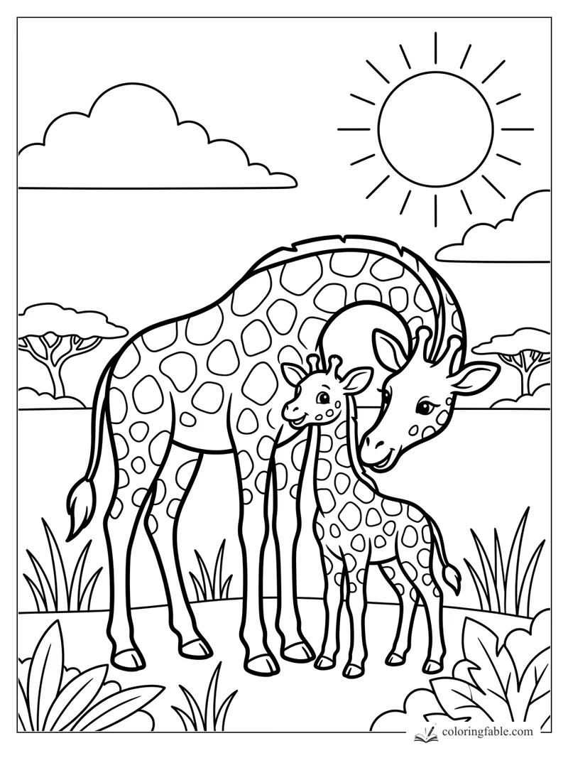 Cartoon mother giraffe bends to nuzzle her calf under a bright sun with clouds, grass, and acacia trees.