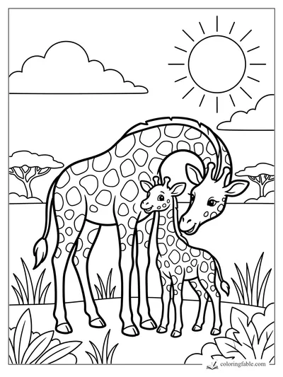 Cartoon mother giraffe bends to nuzzle her calf under a bright sun with clouds, grass, and acacia trees.