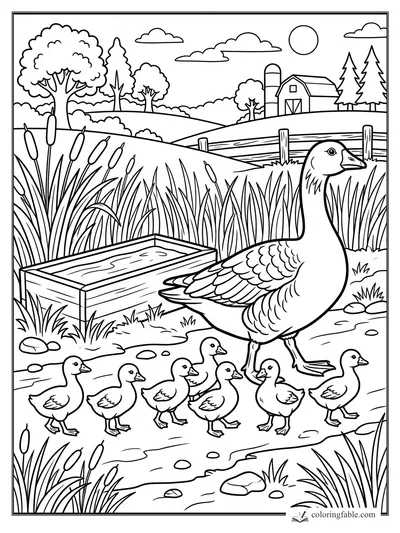 Mother goose with seven goslings beside cattails, a wooden trough, fence, barn, silo, trees, and sun.