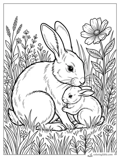 Mother rabbit cuddles a baby bunny among tall grasses, leafy stems, and daisy-like wildflowers.
