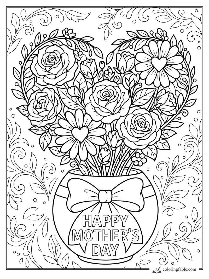 Floral heart Mother’s Day coloring page with roses, daisies, bow vase, leaves, and swirling vines.