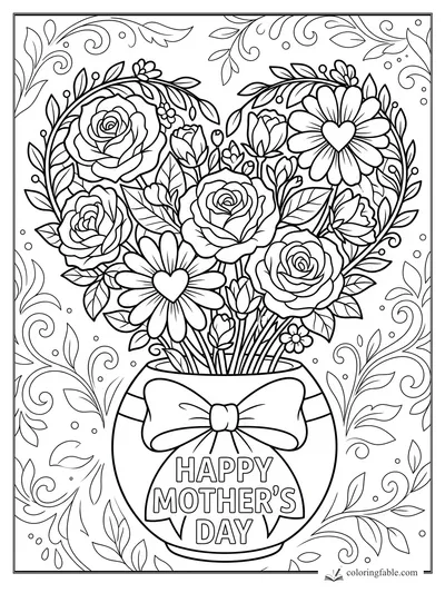Floral heart Mother’s Day coloring page with roses, daisies, bow vase, leaves, and swirling vines.