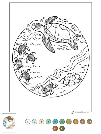 Mother Sea Turtle Over Hatchlings and Nest — color by number