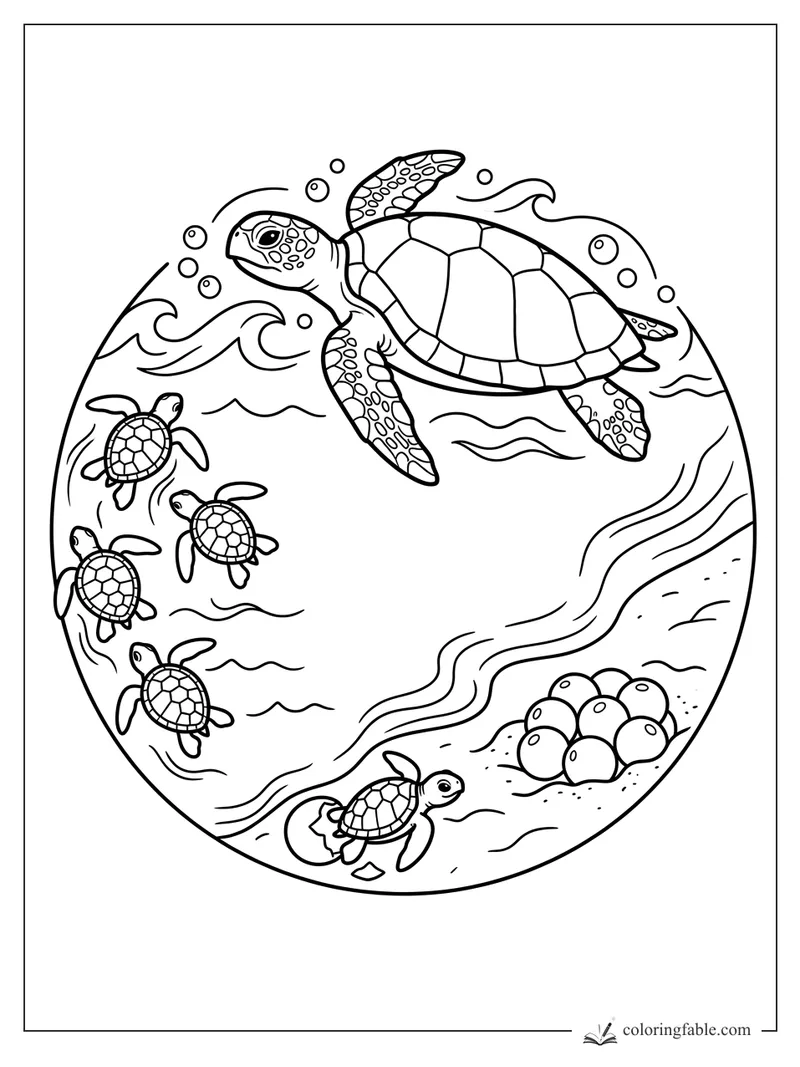 Sea turtle swimming above hatchlings, ocean waves, bubbles, and a sandy nest of eggs