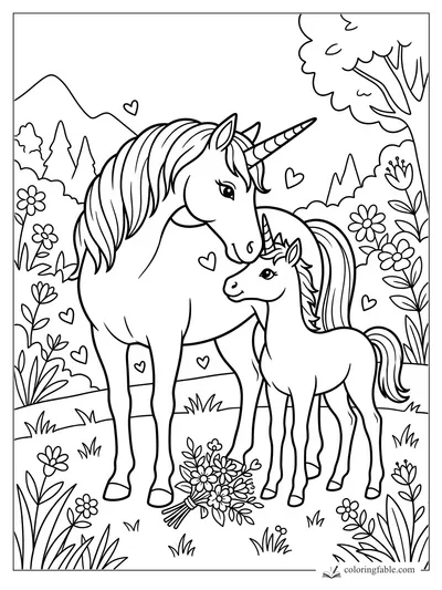 Mother unicorn nuzzles her foal in a meadow with flowers, hearts, hills, and a leafy tree.