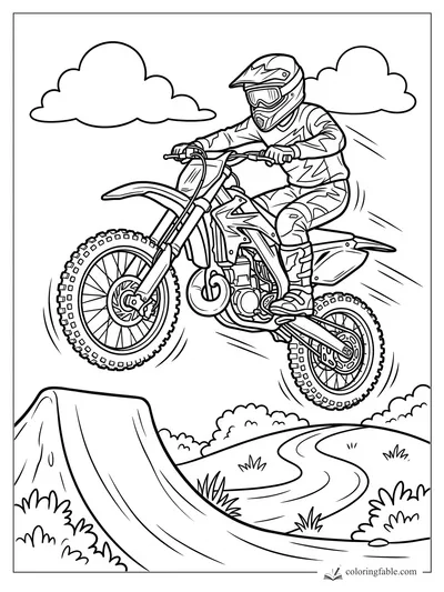 Cartoon motocross rider in helmet jumping a dirt bike over a ramp with clouds and a curving trail.