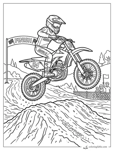 Cartoon motocross rider on bike 24 jumping over dirt hills near a finish banner and cheering spectators