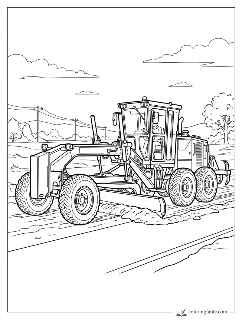 Motor grader with angled blade smoothing dirt on a rural road with power lines and trees
