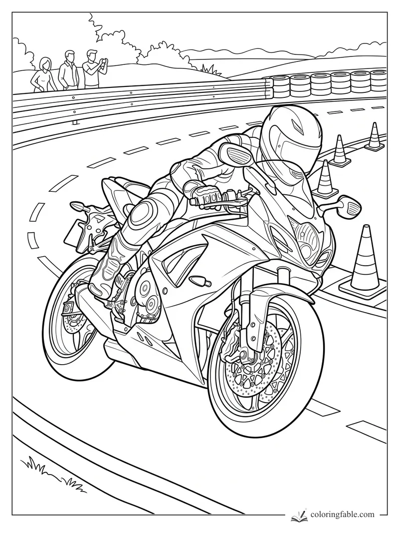 Motorcycle racer leaning into a track corner with cones, tire barriers, and three spectators behind a rail