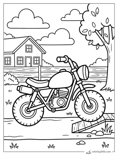 Easy motorcycle coloring page with a backyard ramp, house, fence, tree, clouds, and big tires.