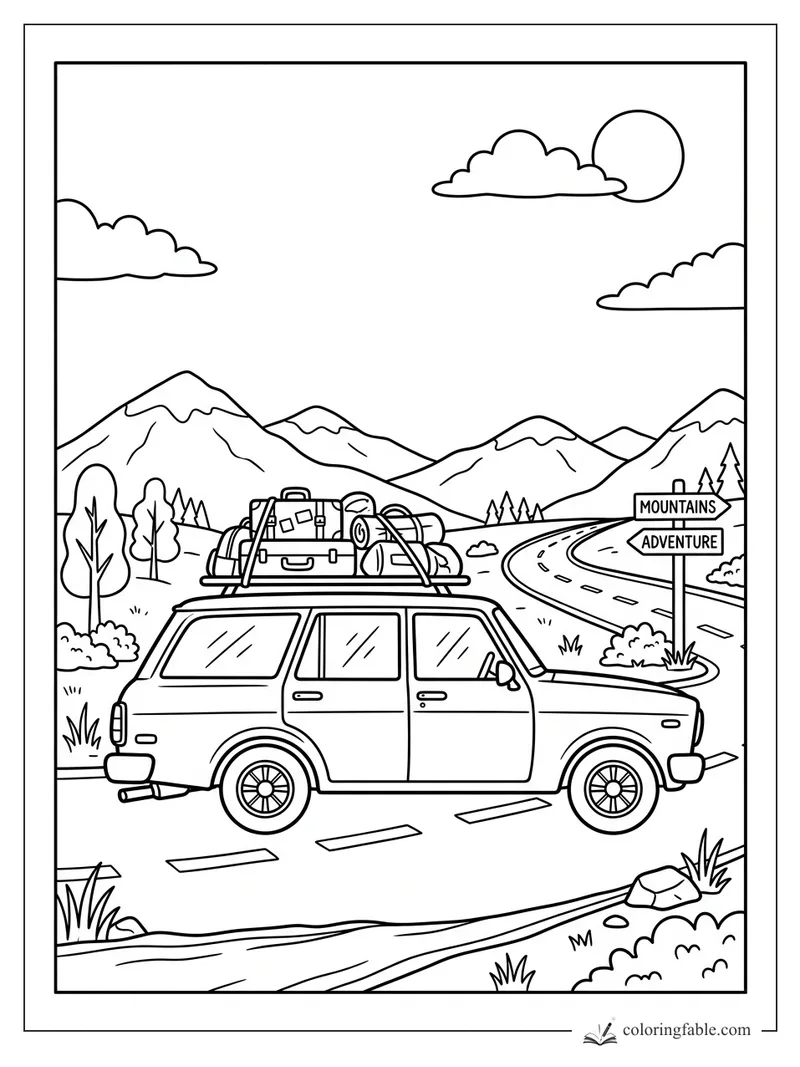 Cartoon car packed with roof luggage on a winding road toward mountains and an adventure sign.