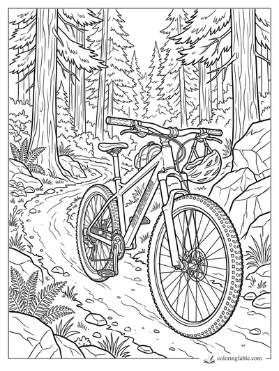 Mountain bike with helmet on a rocky pine forest trail coloring page