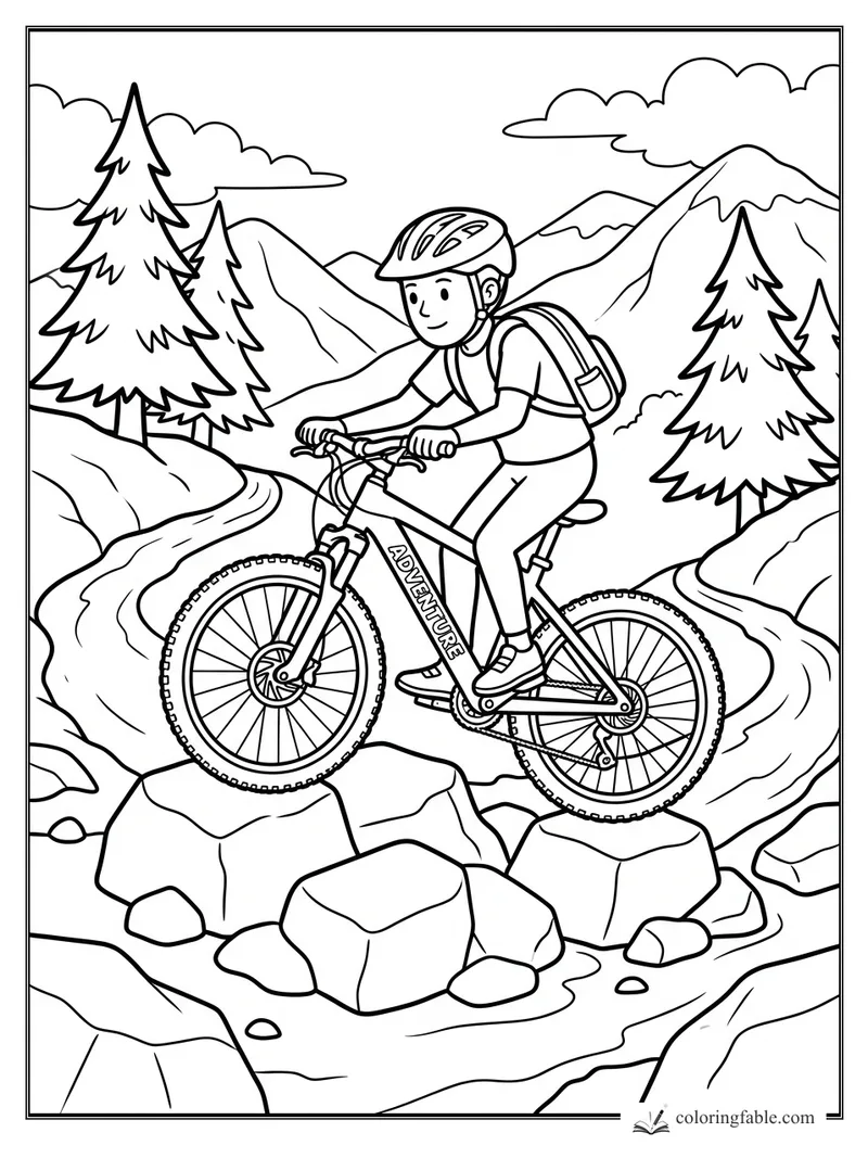 Cartoon child on a mountain bike crossing rocks by pine trees and snowy peaks