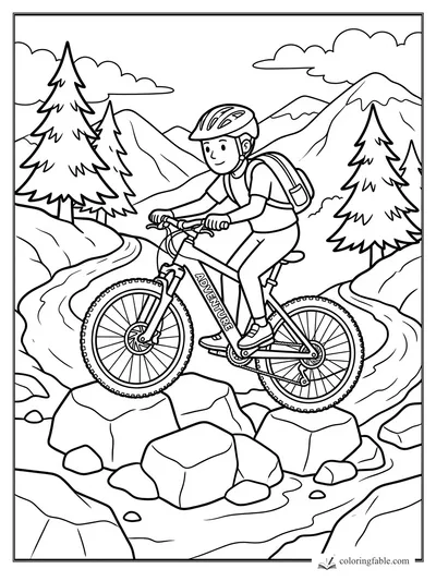 Cartoon child on a mountain bike crossing rocks by pine trees and snowy peaks