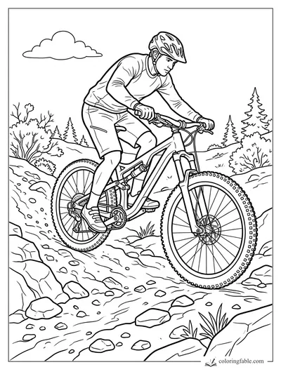 Realistic mountain biker riding downhill over rocks on a forest trail with pine trees and a cloud.