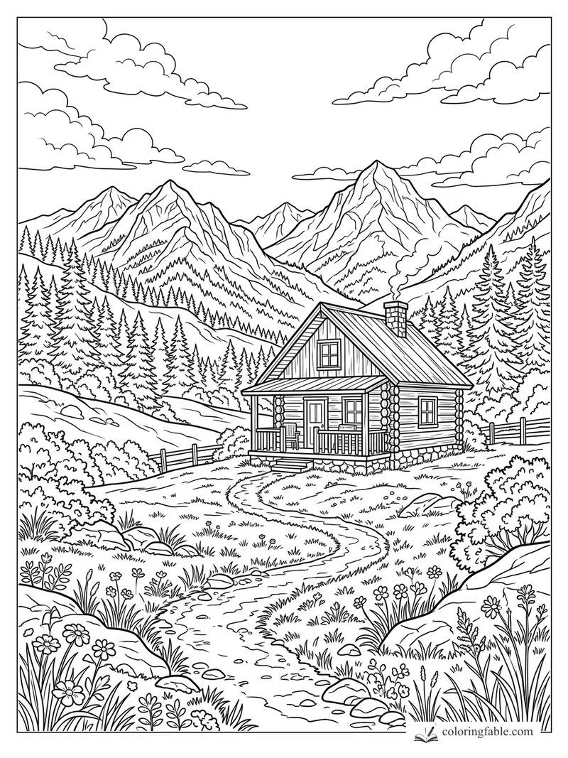 Realistic mountain cabin coloring page with pine forest, winding creek path, wildflowers, clouds, and chimney smoke