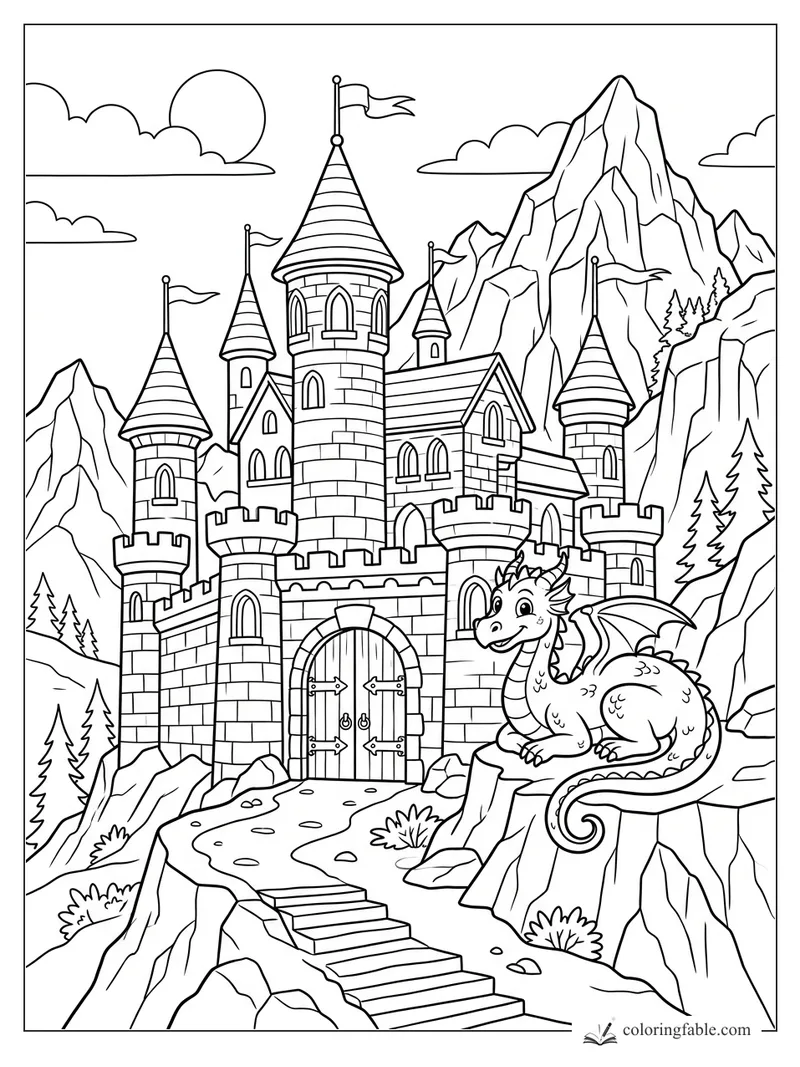 Cartoon mountain castle with striped towers, flags, stone steps, pine trees, and a smiling dragon on a ledge.