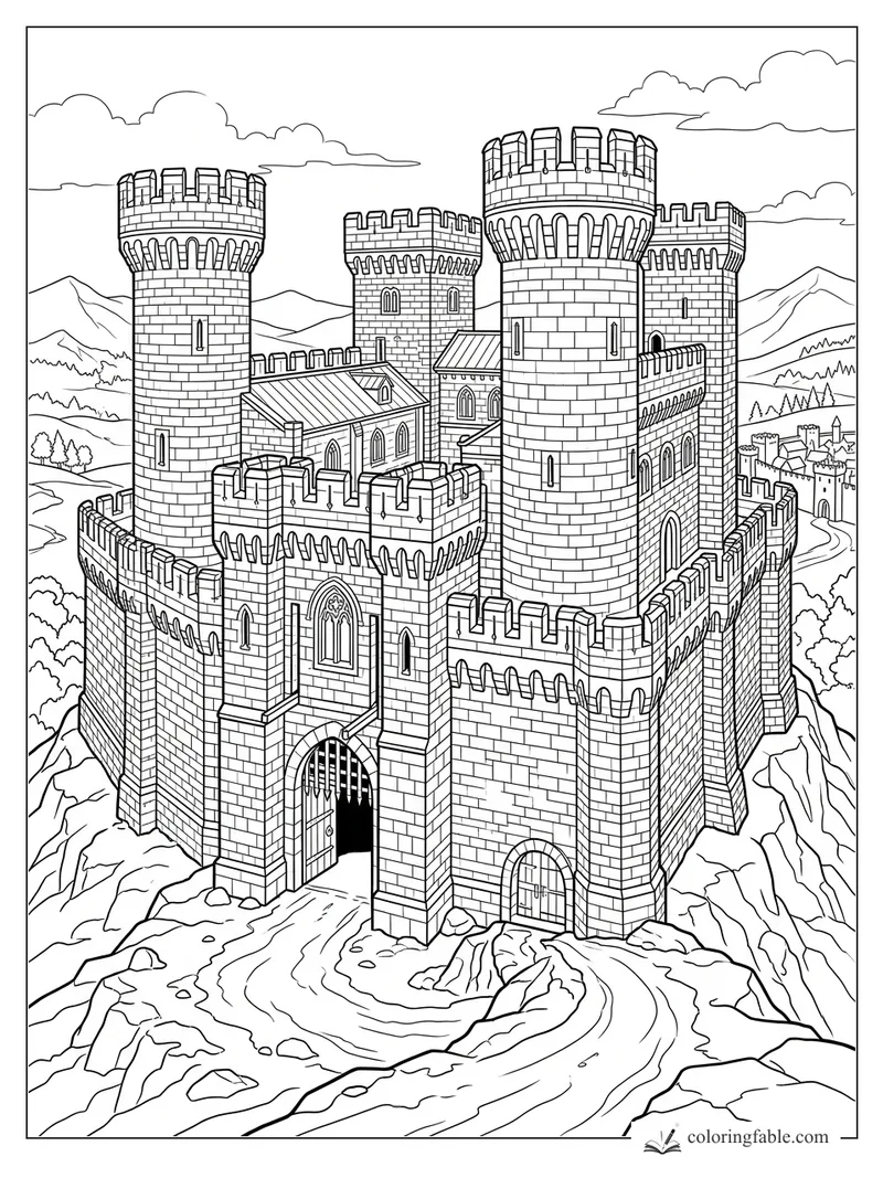 Intricate realistic castle coloring page with round towers, battlements, mountains, and an open arched gate.