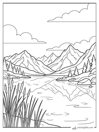 Mountain lake coloring page with cattails, pine trees, rocks, clouds, and reflected peaks
