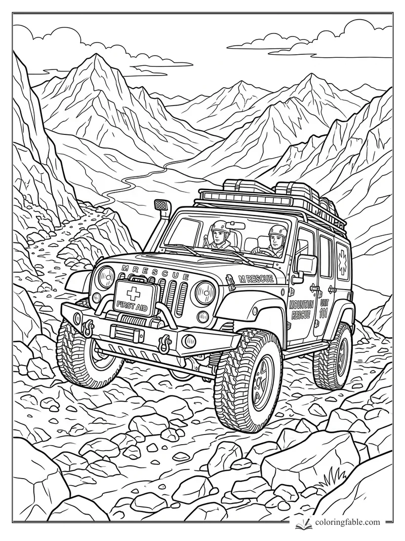 Realistic mountain rescue Jeep with two helmeted rescuers driving over rocks between sharp peaks.