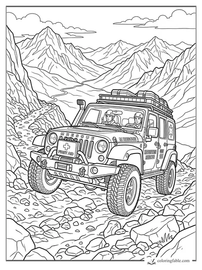 Realistic mountain rescue Jeep with two helmeted rescuers driving over rocks between sharp peaks.