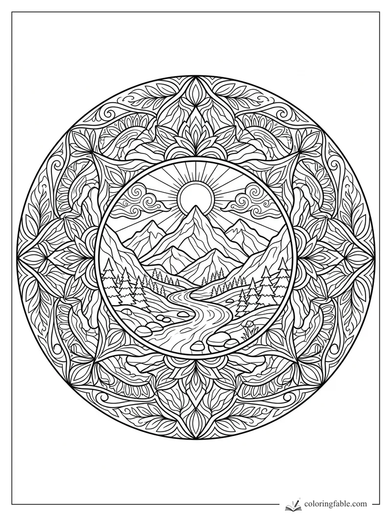 Intricate mandala landscape with mountains, winding river, pine trees, sunburst, clouds, and floral border.