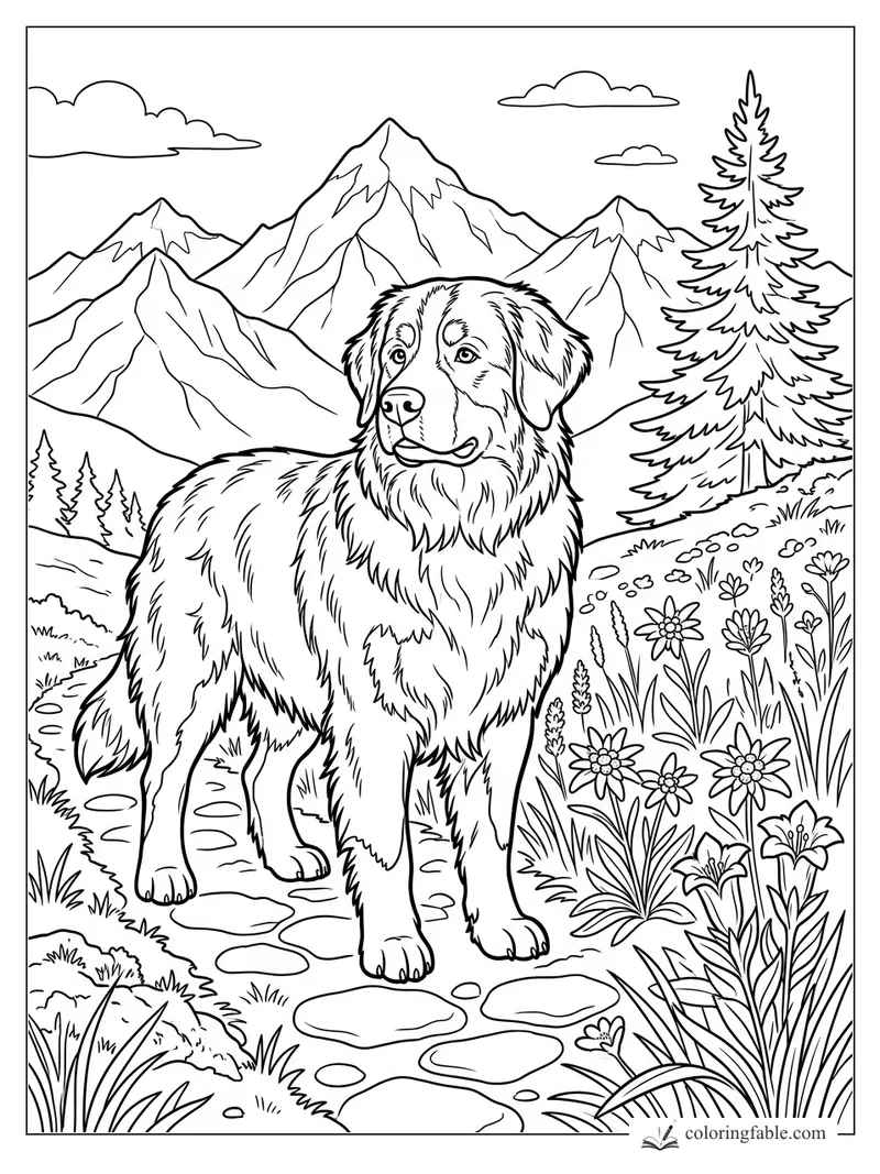 Fluffy dog on a stone mountain path with pine tree, wildflowers, clouds, and snowy peaks