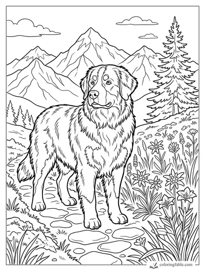 Fluffy dog on a stone mountain path with pine tree, wildflowers, clouds, and snowy peaks