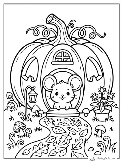 Kawaii mouse peeking from a pumpkin cottage with curly vines, lantern, mushrooms, leaves, and flower pot