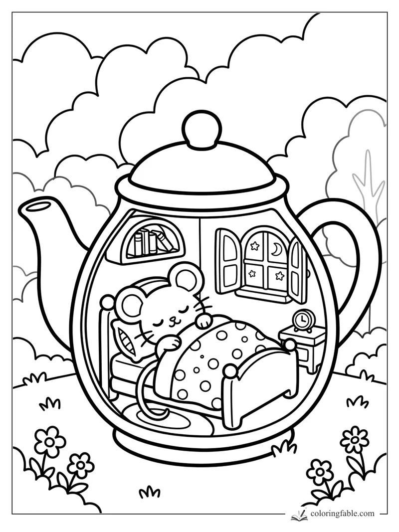 Sleeping mouse in a bed inside a teapot, with open windows, books, alarm clock, flowers, and bushes.