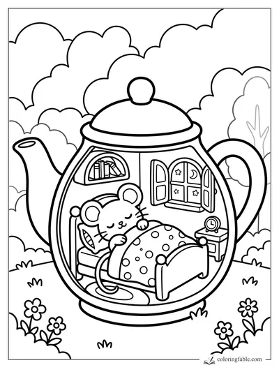 Sleeping mouse in a bed inside a teapot, with open windows, books, alarm clock, flowers, and bushes.
