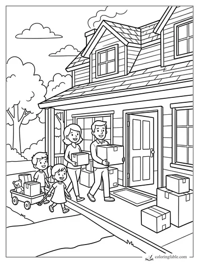 Cartoon family carrying boxes into a two-story house, with kids, wagon, teddy bear, trees, and clouds.