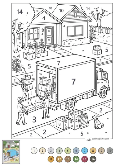 Moving Truck Unloading at a New House — color by number
