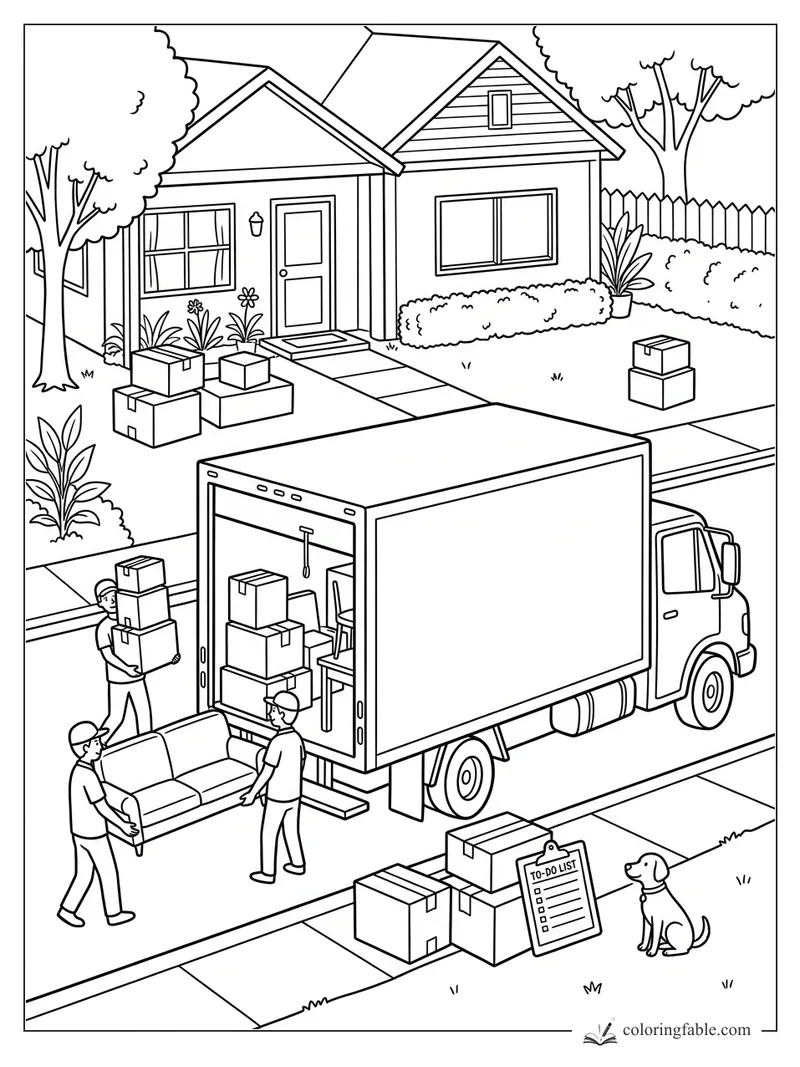 Movers unload a couch and boxes from a moving truck outside a house while a dog watches.