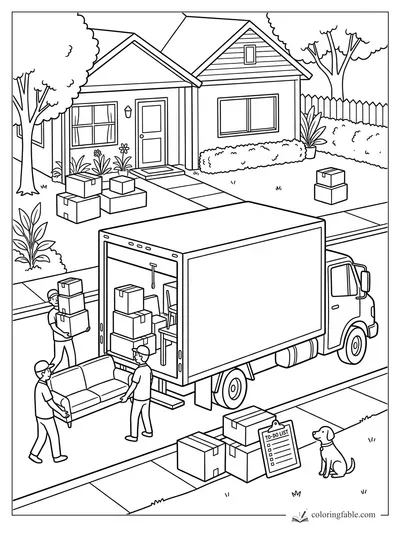 Movers unload a couch and boxes from a moving truck outside a house while a dog watches.