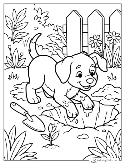 Happy puppy with muddy paws jumps over a garden hole beside a trowel, flowers, and a picket fence.
