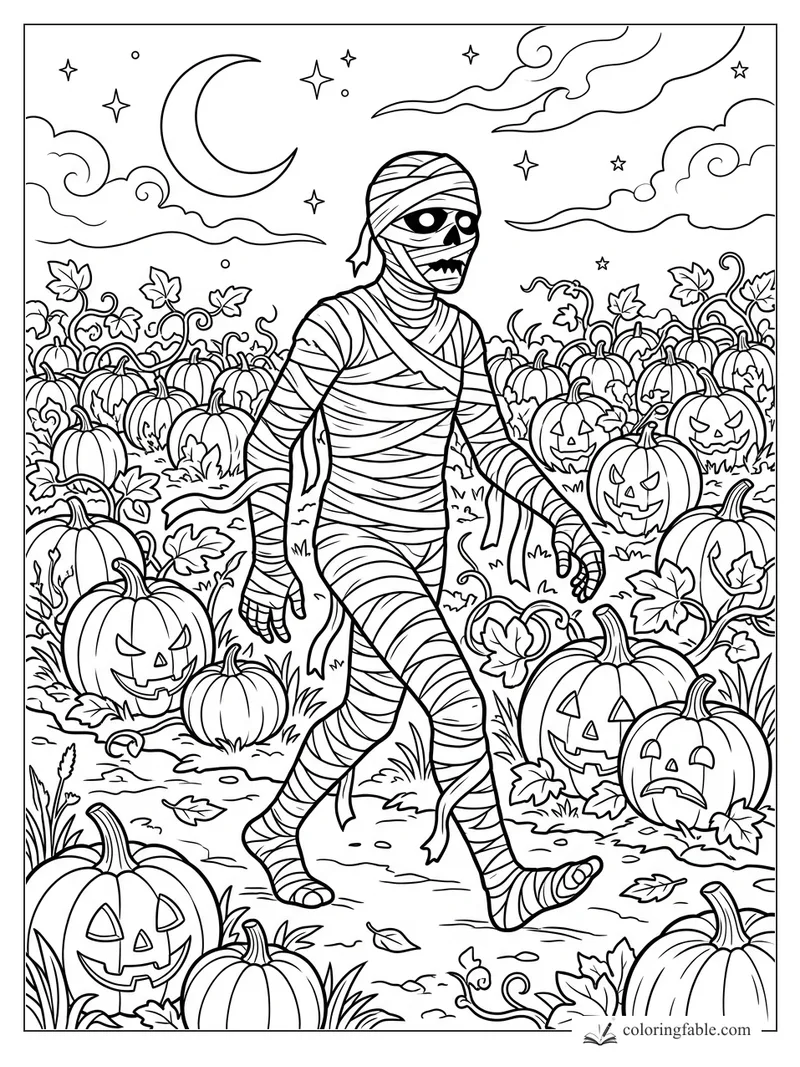 Mummy walking through a pumpkin patch with jack-o’-lanterns, vines, crescent moon, clouds, and stars.