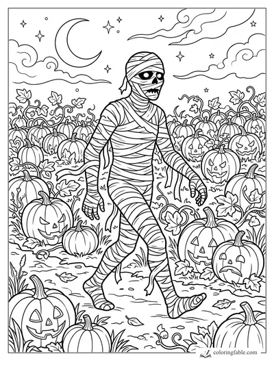 Mummy walking through a pumpkin patch with jack-o’-lanterns, vines, crescent moon, clouds, and stars.