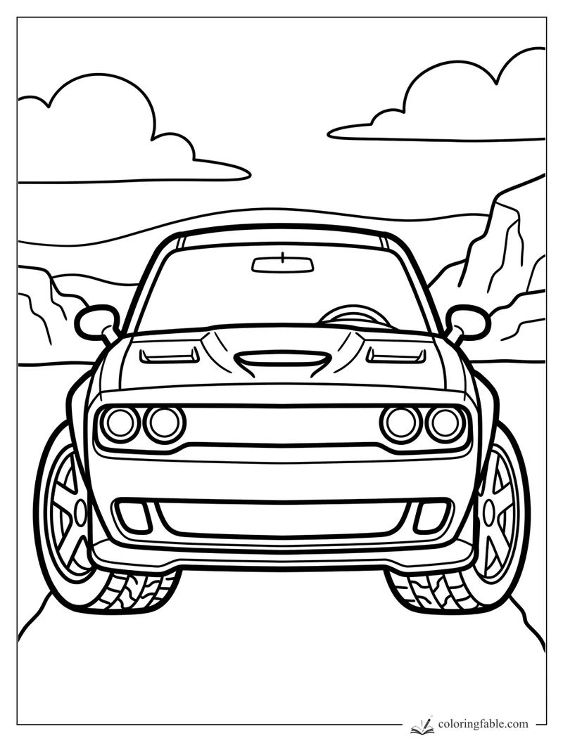 Front view of a muscle car on a mountain road with big clouds, rocks, round headlights, and wide tires.