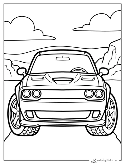 Front view of a muscle car on a mountain road with big clouds, rocks, round headlights, and wide tires.