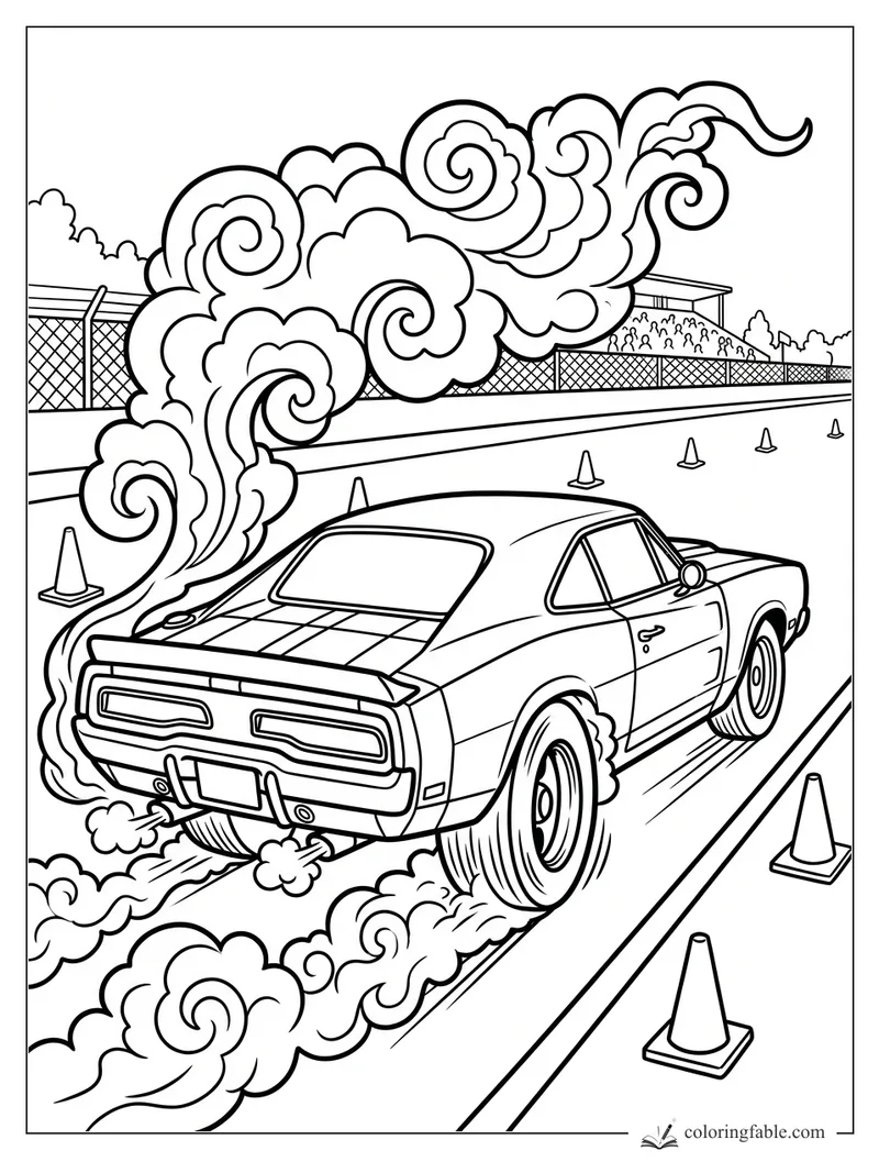 Cartoon muscle car drifting through cones with swirling tire smoke, fence, and grandstand crowd