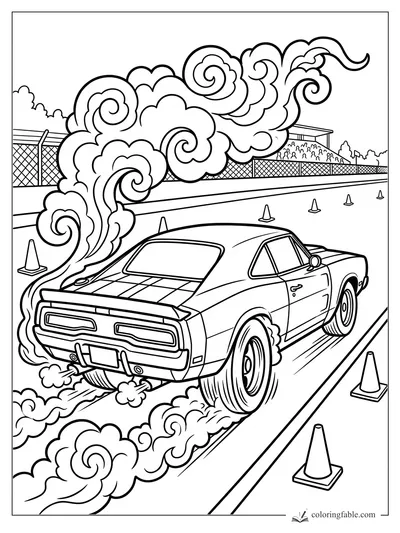 Cartoon muscle car drifting through cones with swirling tire smoke, fence, and grandstand crowd