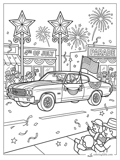 Muscle car carrying an American flag in a 4th of July parade with fireworks, bunting, stars, and cheering crowds.