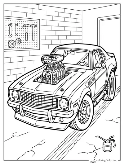Muscle car with hood supercharger, racing stripes, pegboard tools, and oil can in a brick garage
