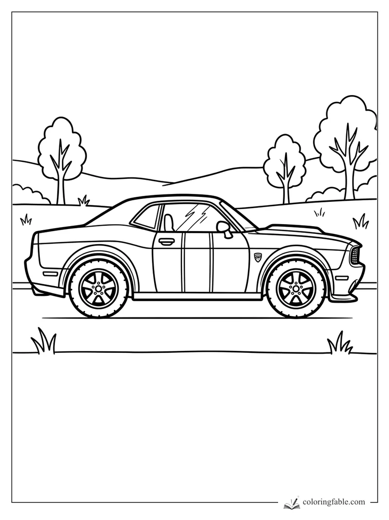 Minimalist muscle car coloring page with trees, rolling hills, grass, and big tires