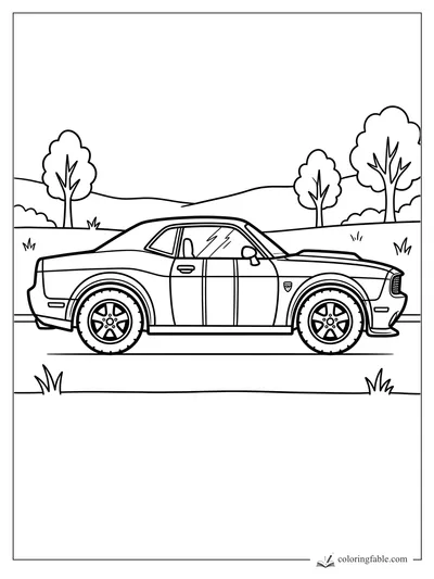 Minimalist muscle car coloring page with trees, rolling hills, grass, and big tires