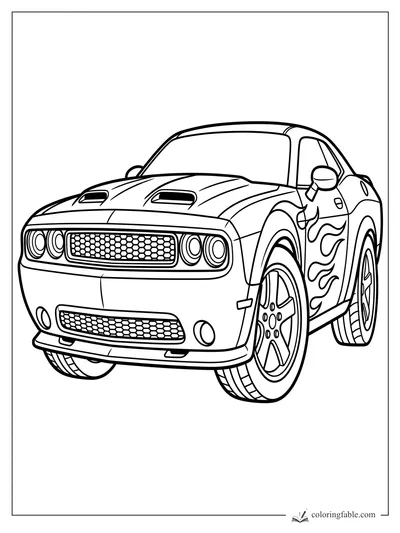 Cartoon muscle car with flame decals, hood vents, honeycomb grille, and big front wheels