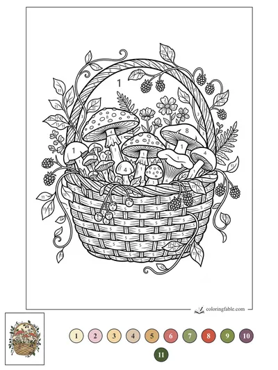 Mushroom Basket with Berry Vines — color by number